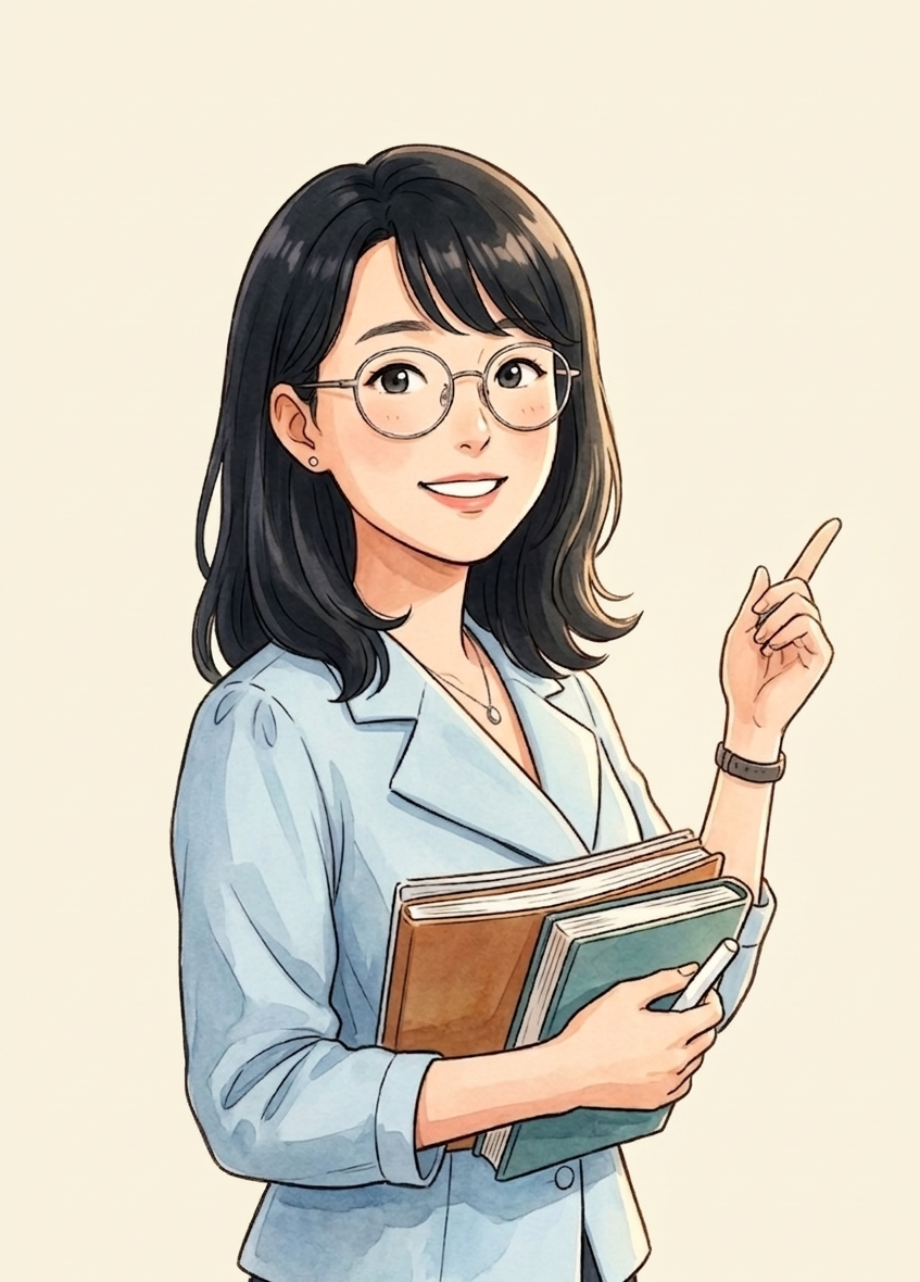 책을 안고 미소 지으며 손가락으로 위를 가리키는 솔선생님 일러스트
